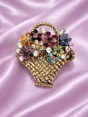Vintage Gold Floral Basket Brooch Multicolor Crystal Luxury Statement Pin